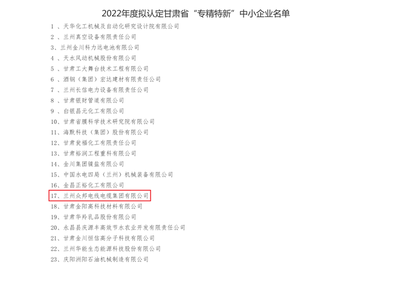 蘭州眾邦電線電纜集團有限公司  順利通過“專精特新”企業認定